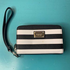 Michael Kors Black and White Striped Wristlet Wallet